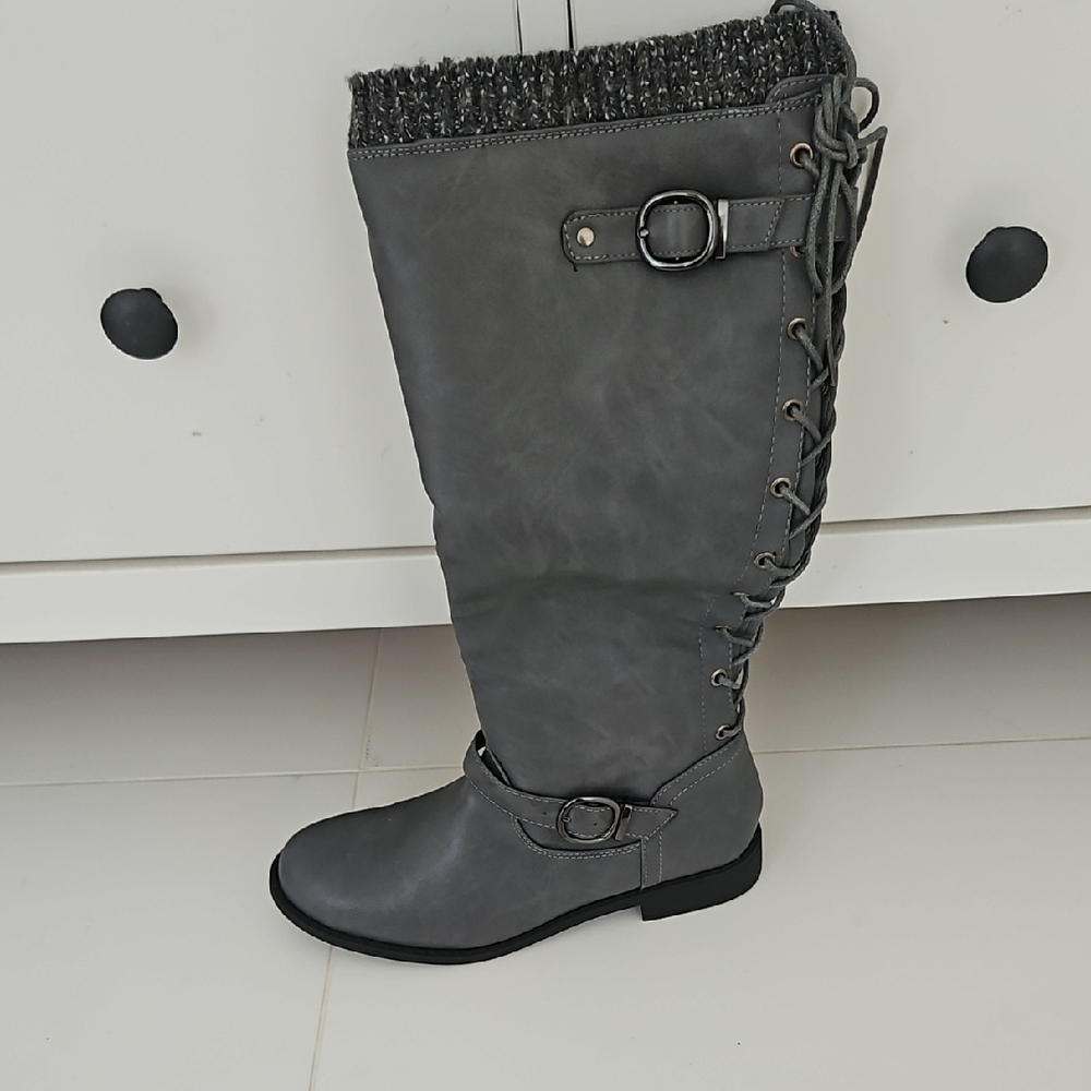 Shoe Dazzle Charcoal Lace-Up Knee-High Boots